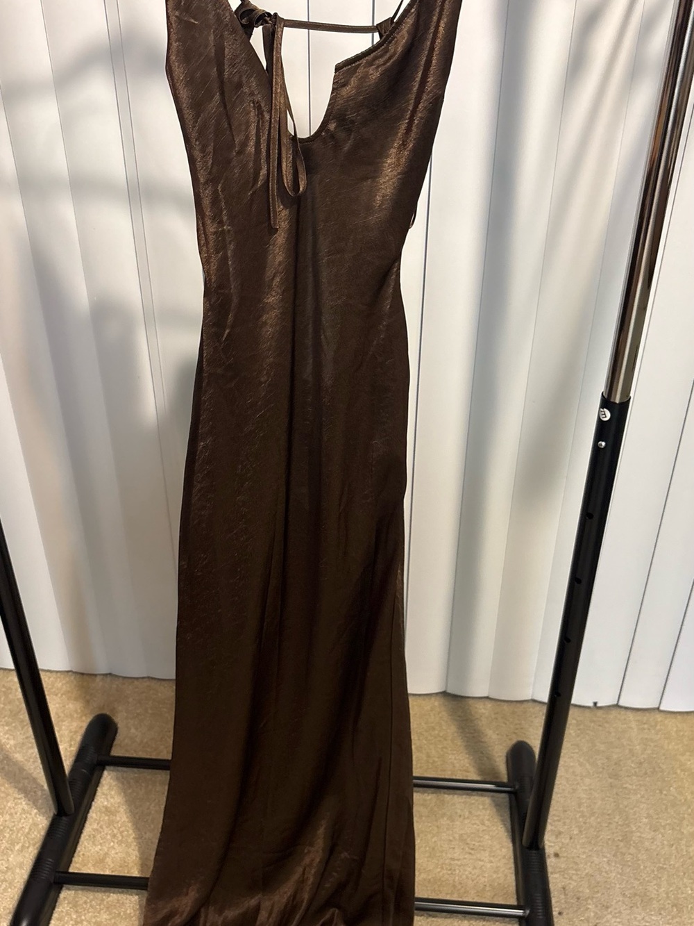 Backless Brown Satin Maxi Dress with Tie Detail